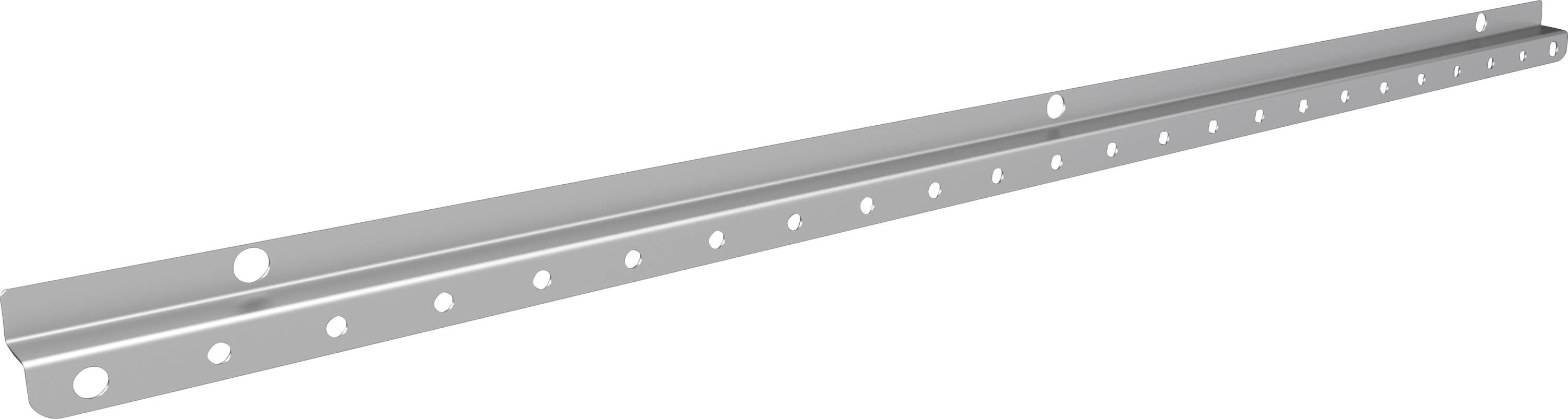 Rail métallique perforé, adapté à différents systèmes de fixation pour les travaux de construction ou de montage.