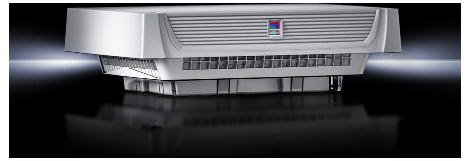 Appareil de réfrigération argenté, rectangulaire, avec grille de ventilation et logo central sur un fond sombre et brillant.