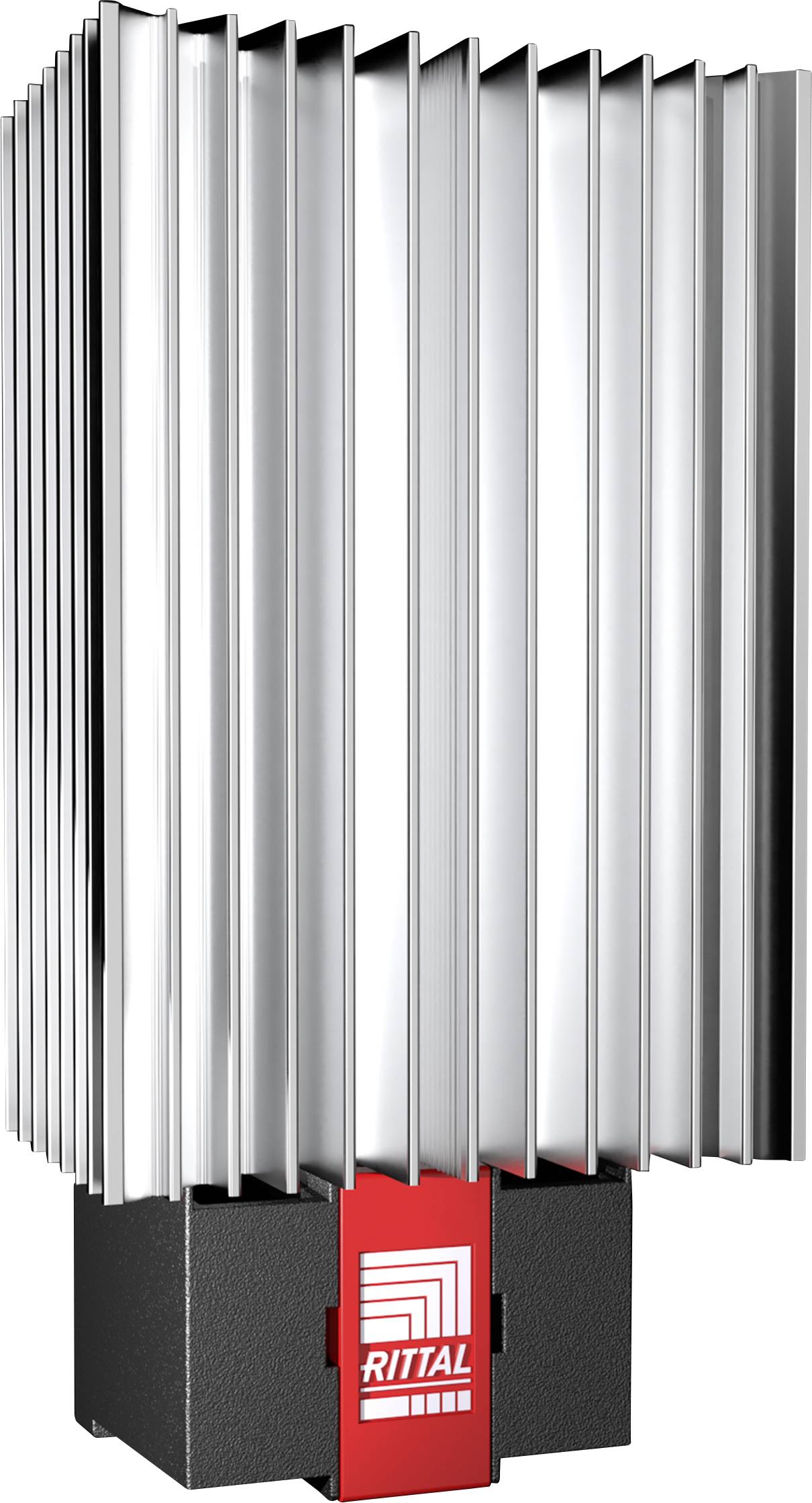 Un dissipateur thermique vertical en aluminium sur socle noir, avec le logo rouge 'RITTAL'. Utilisé pour l'évacuation de la chaleur dans les systèmes électriques.