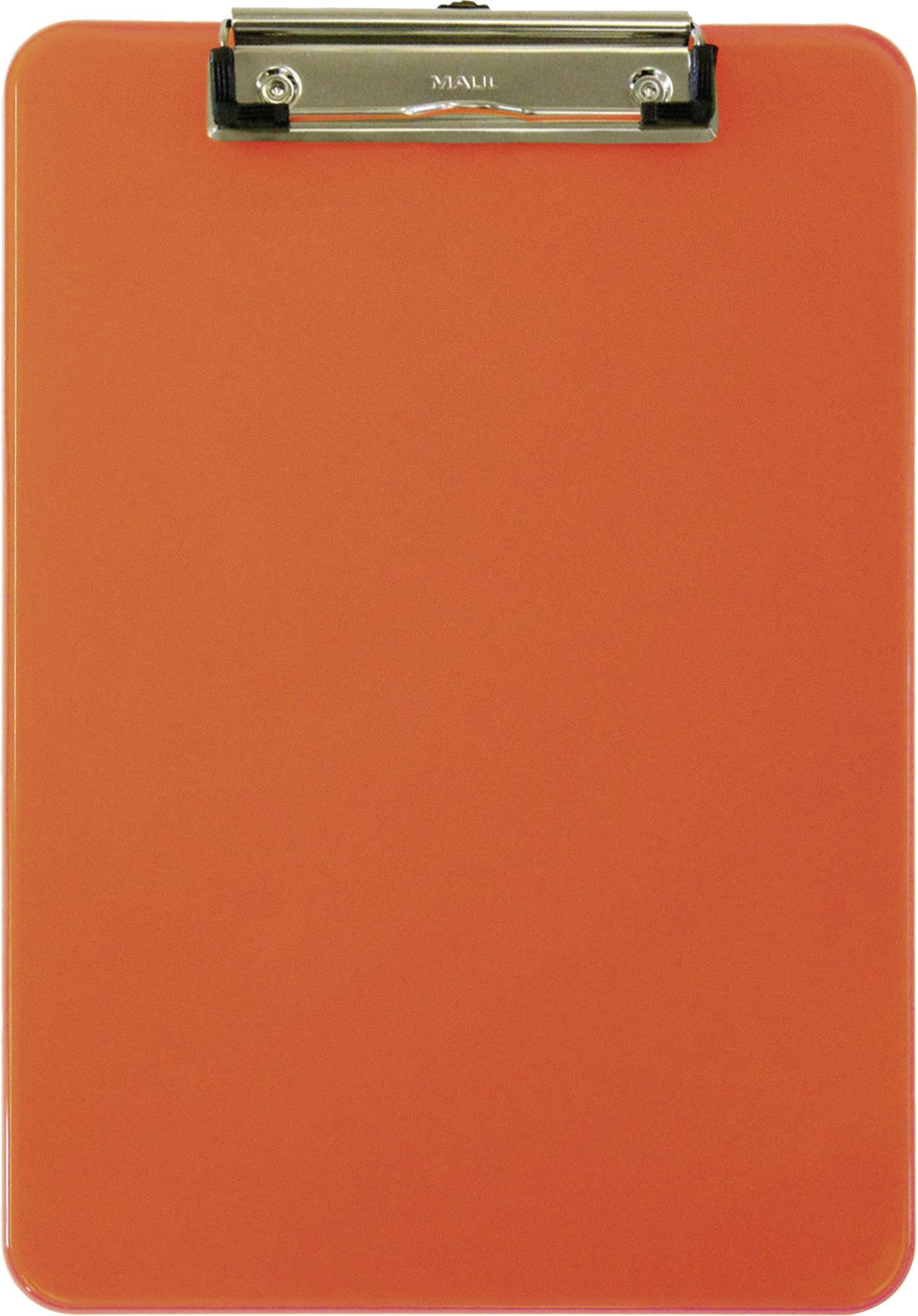 Un porte-bloc orange avec un clip métallique.