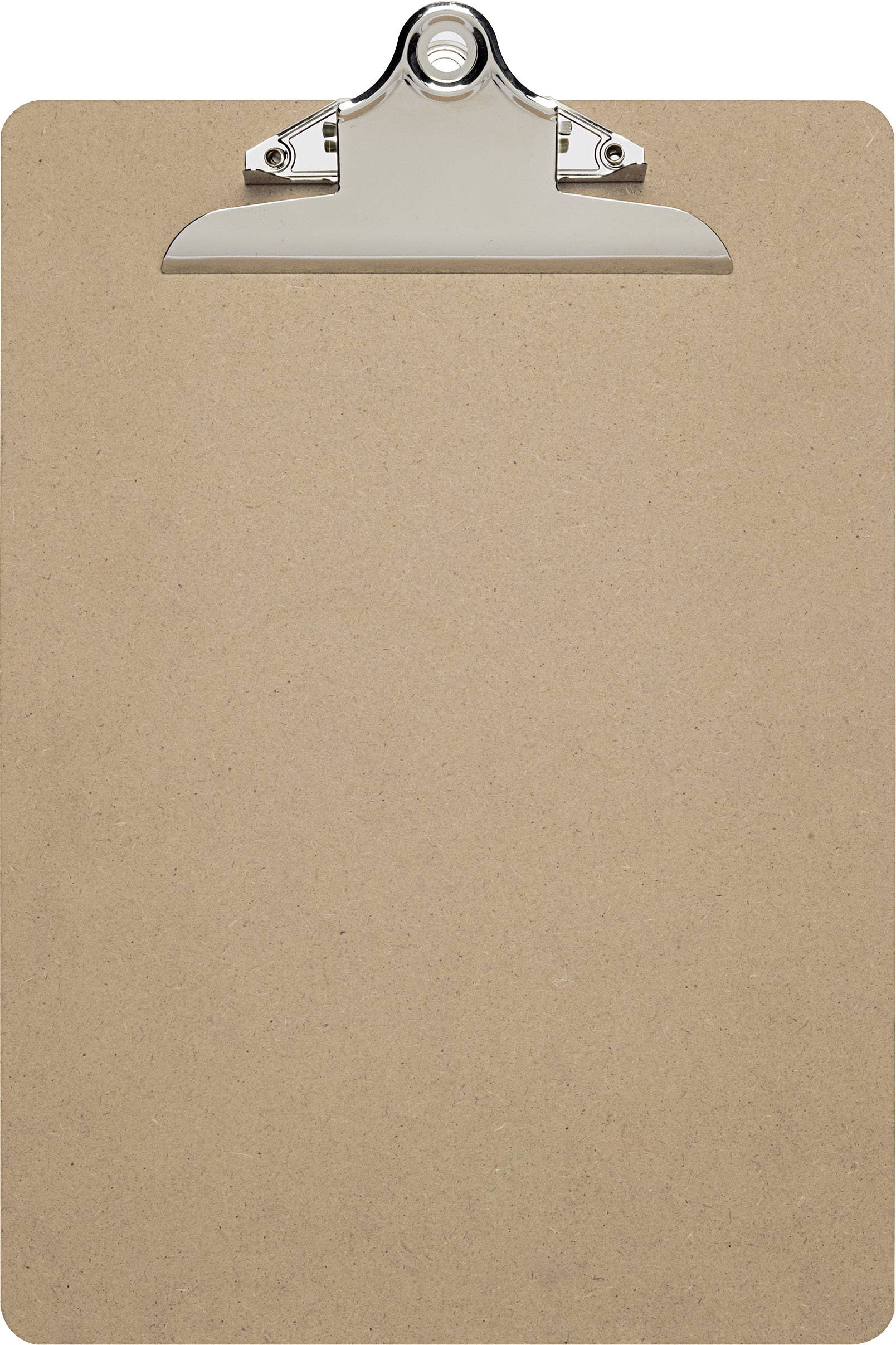 Un porte-bloc en bois vide avec une pince argentée en haut.