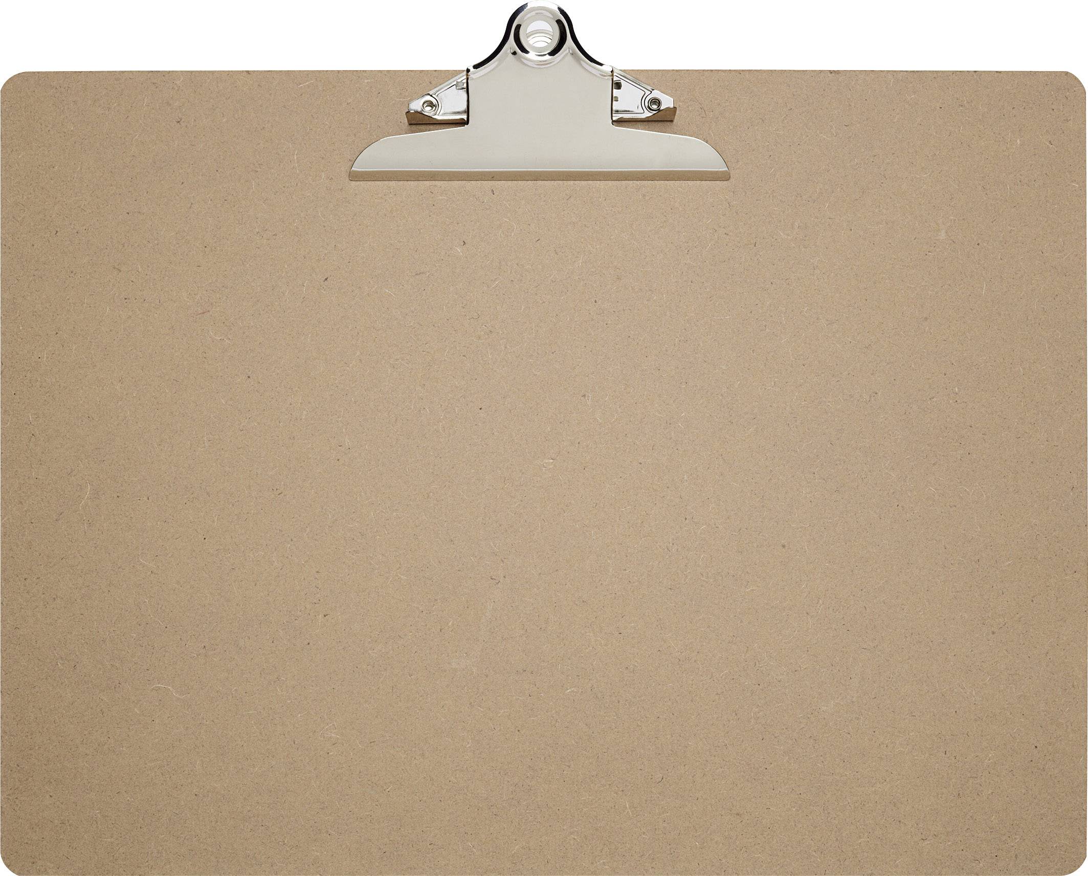 Presse-papiers en carton brun avec un clip métallique en haut, vide. Adapté pour maintenir du papier pour des notes ou des listes.