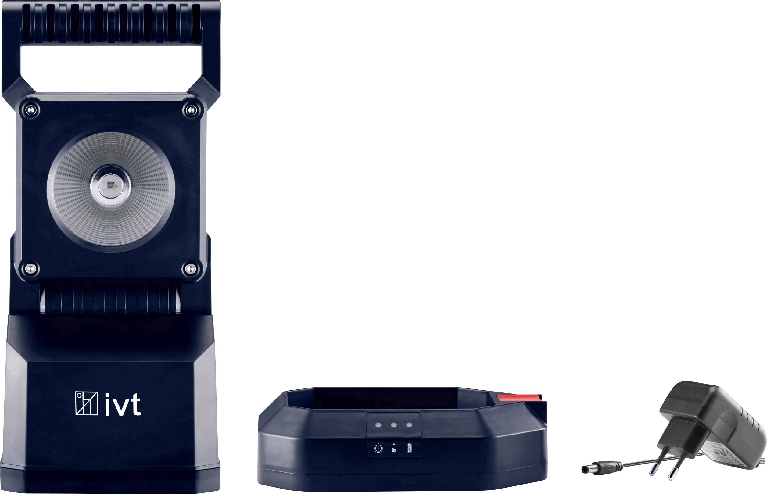 Projecteur LED noir IVT avec poignée de transport, chargeur et station de charge, adapté pour une utilisation mobile.