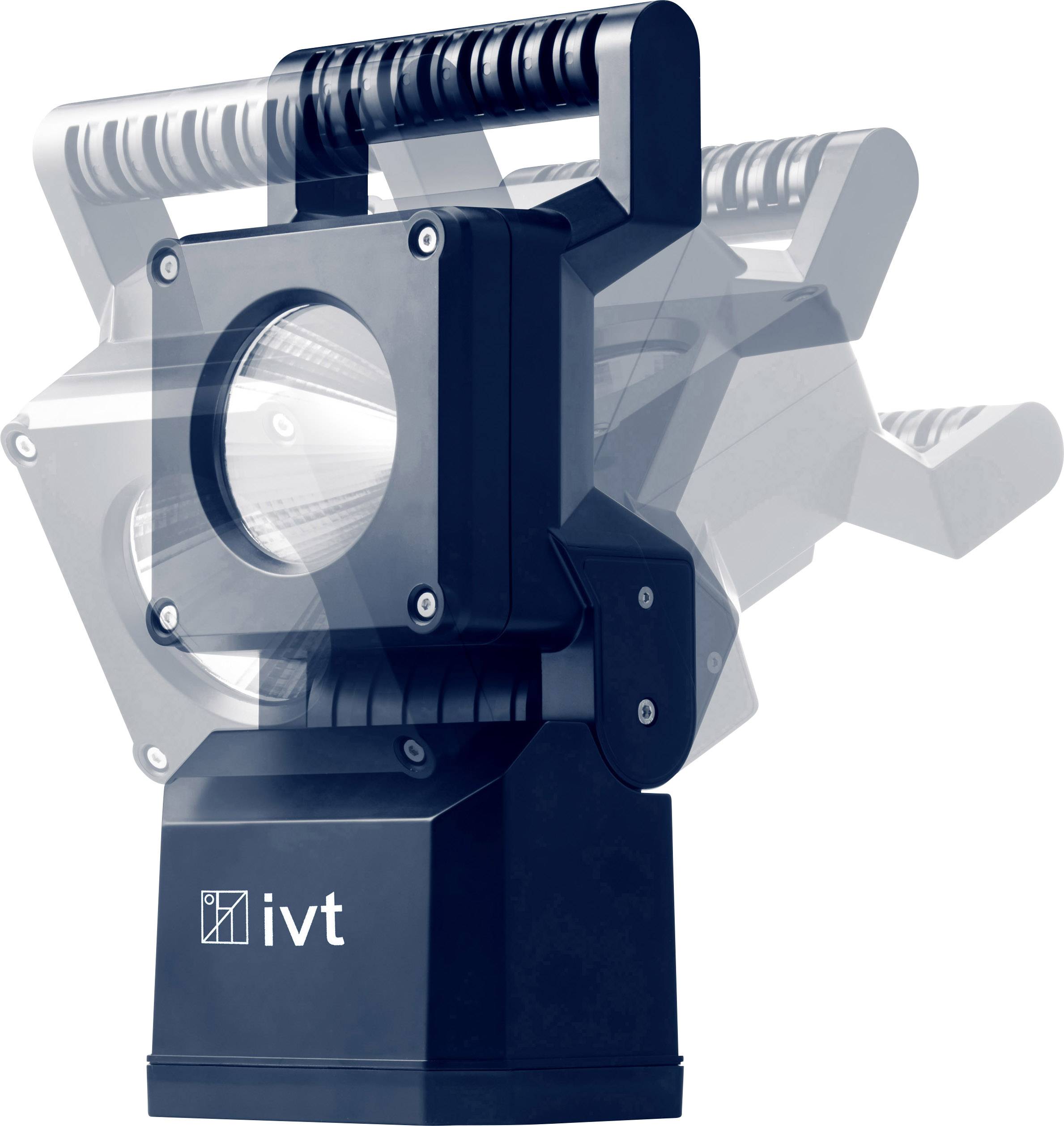Projecteur LED portable avec poignée, tête pivotante et logo IVT, adapté à diverses applications d'éclairage.