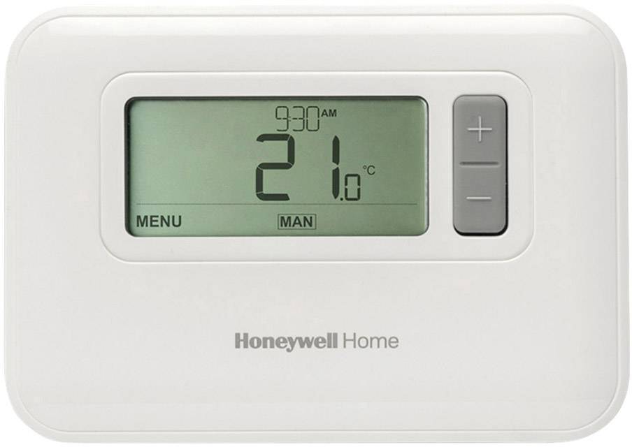 Thermostat numérique affichant '21 °C', l'heure '9:30', avec des touches de réglage de température et de fonction de menu.