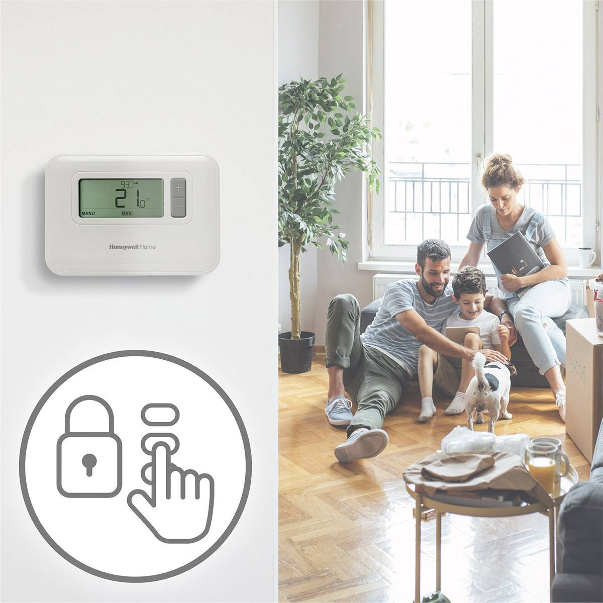 Une famille est assise dans le salon avec son chien. Un thermostat est accroché au mur, réglé sur 21 degrés Celsius. Un graphique affiche un symbole de verrouillage.