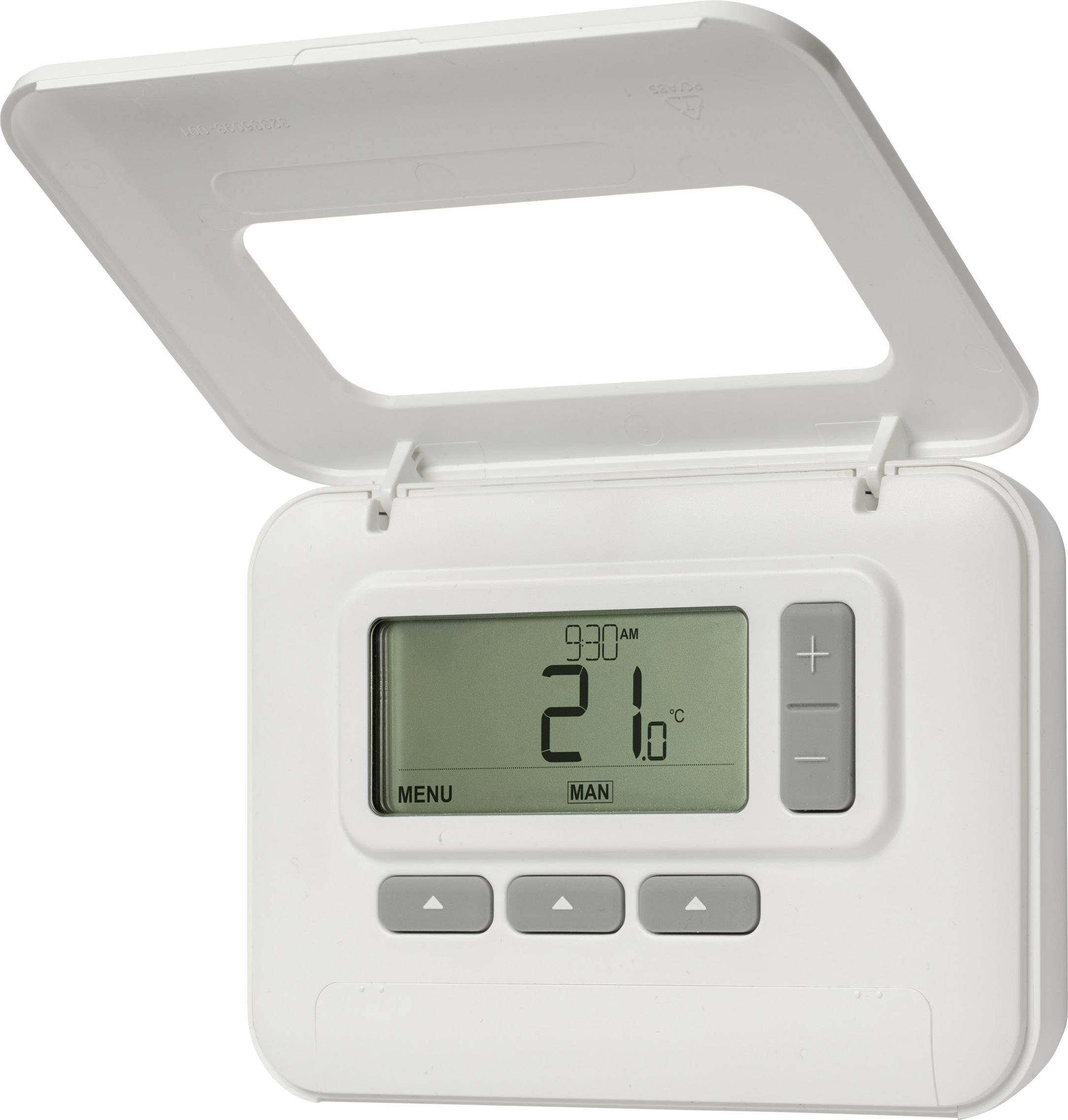 Thermostat numérique avec couvercle ouvert. Affiche 21 degrés Celsius à 9h30. Comprend des boutons de menu et de contrôle.