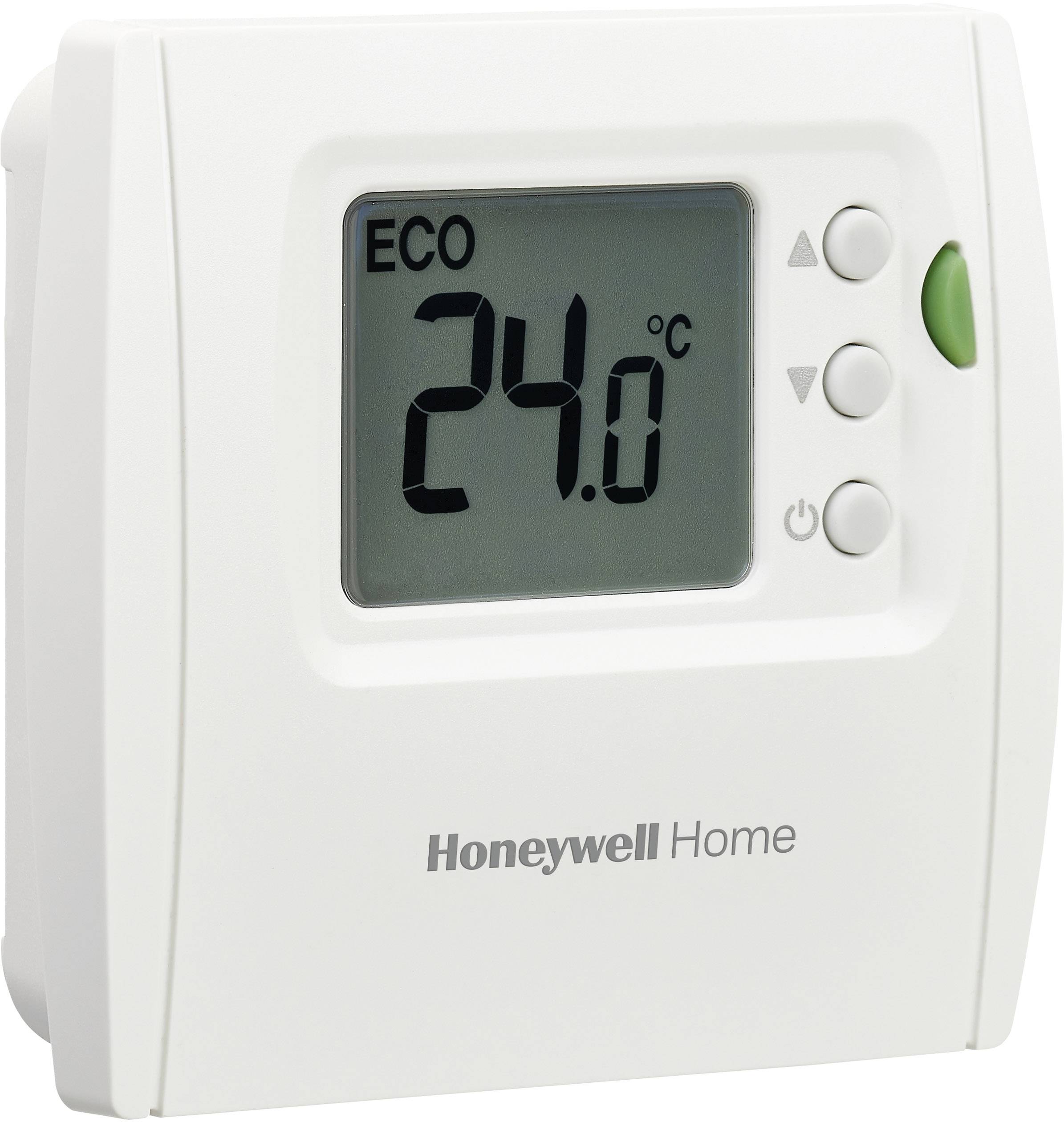 Un thermostat mural affiche le mode 'ÉCO' et 24°C sur son écran. Le nom de la marque est visible en bas, avec trois boutons de commande et un bouton de mise en marche.