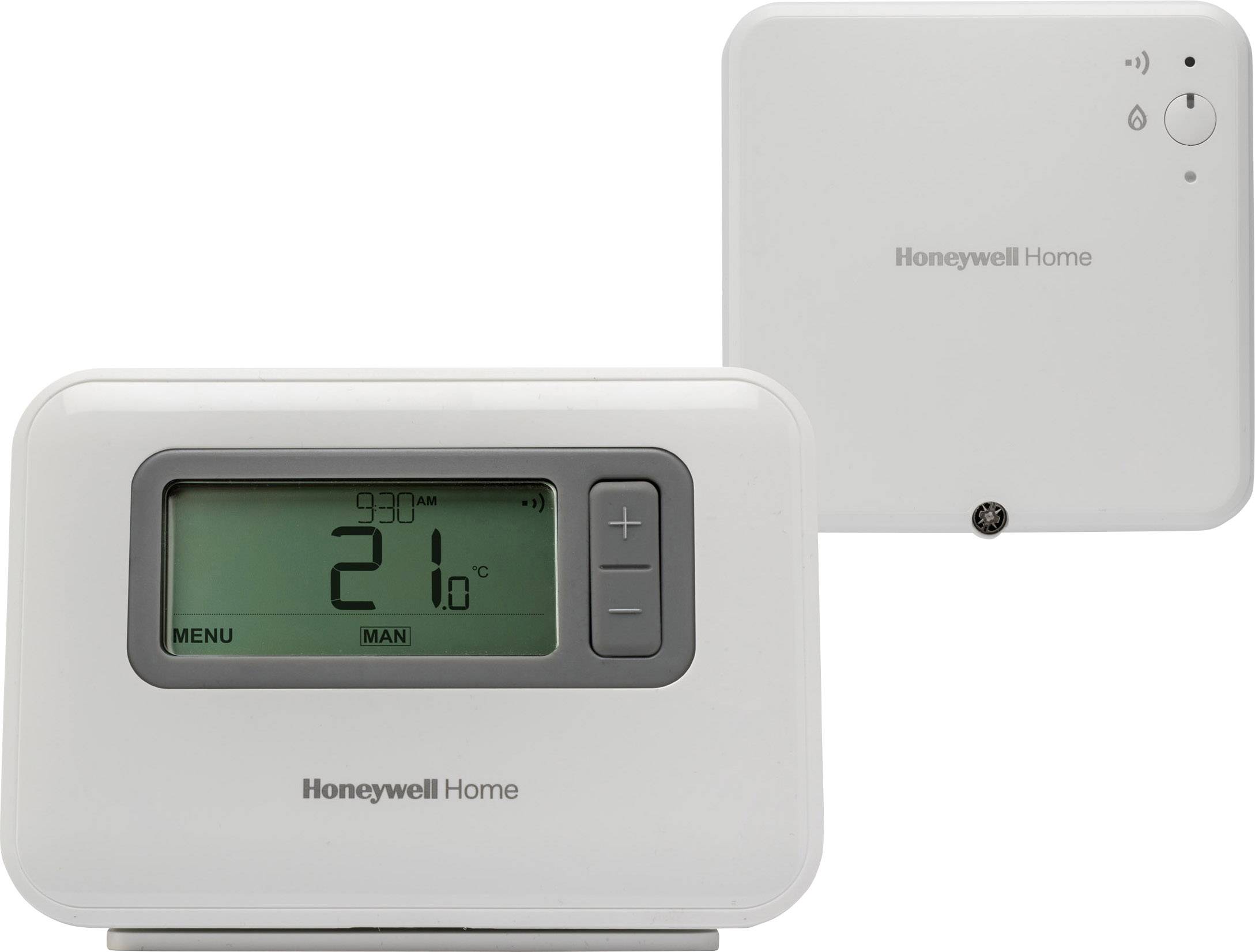 Un thermostat numérique affiche 21°C, avec des touches de réglage. Design rectangulaire blanc ; logo « Honeywell Home » en dessous.