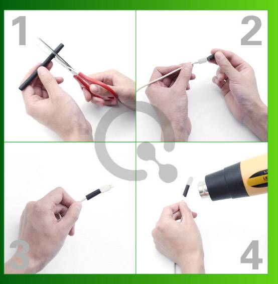 'Guide étape par étape : 1. Couper la gaine du câble. 2. Glisser le tube thermorétractable sur le câble. 3. Connecter l'extrémité du câble. 4. Chauffer le tube thermorétractable jusqu'à ce qu'il soit bien fixé.'