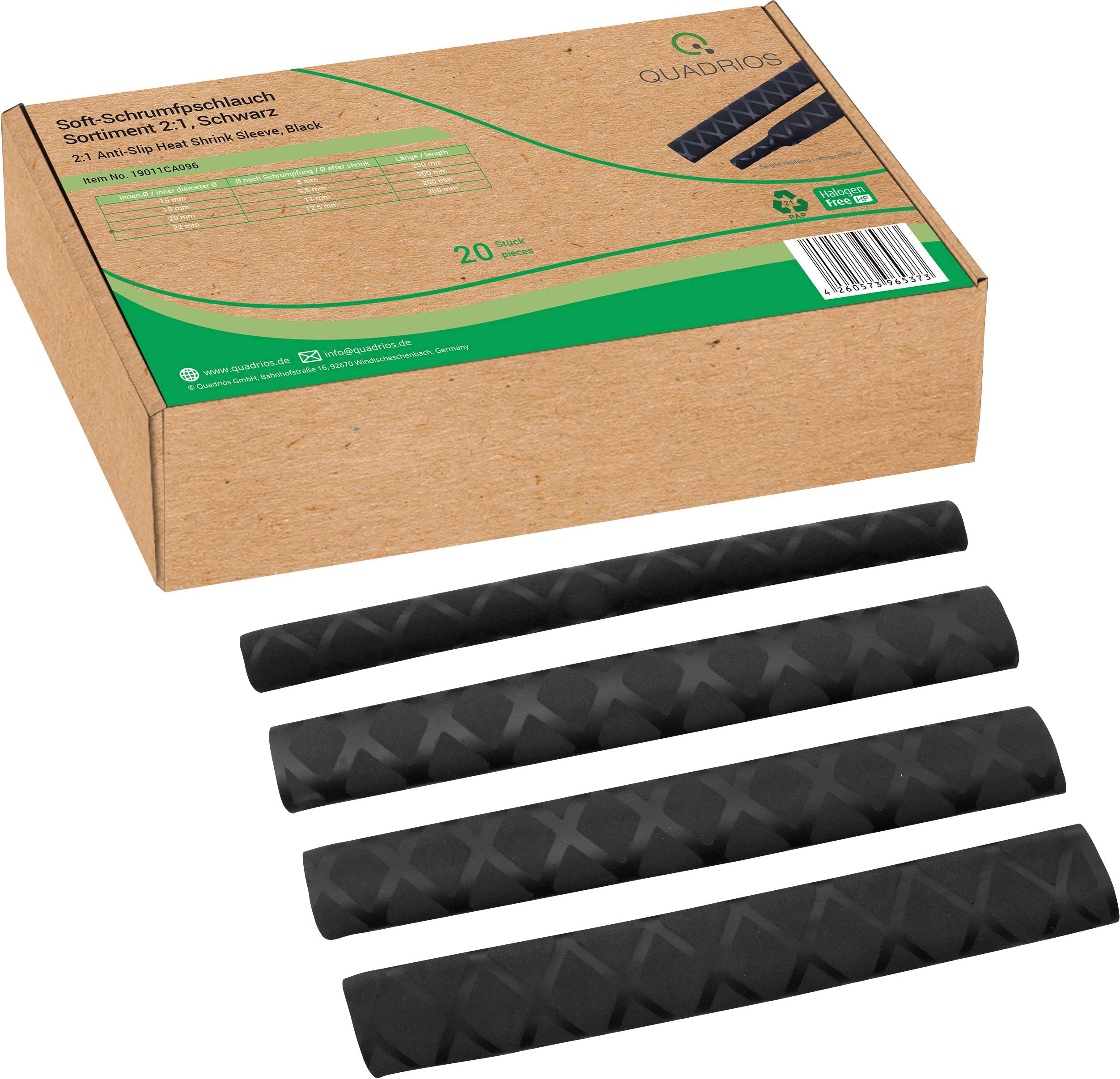 Emballage carré avec quatre gaines thermorétractables noires à côté. L'emballage affiche la marque et les informations du produit.