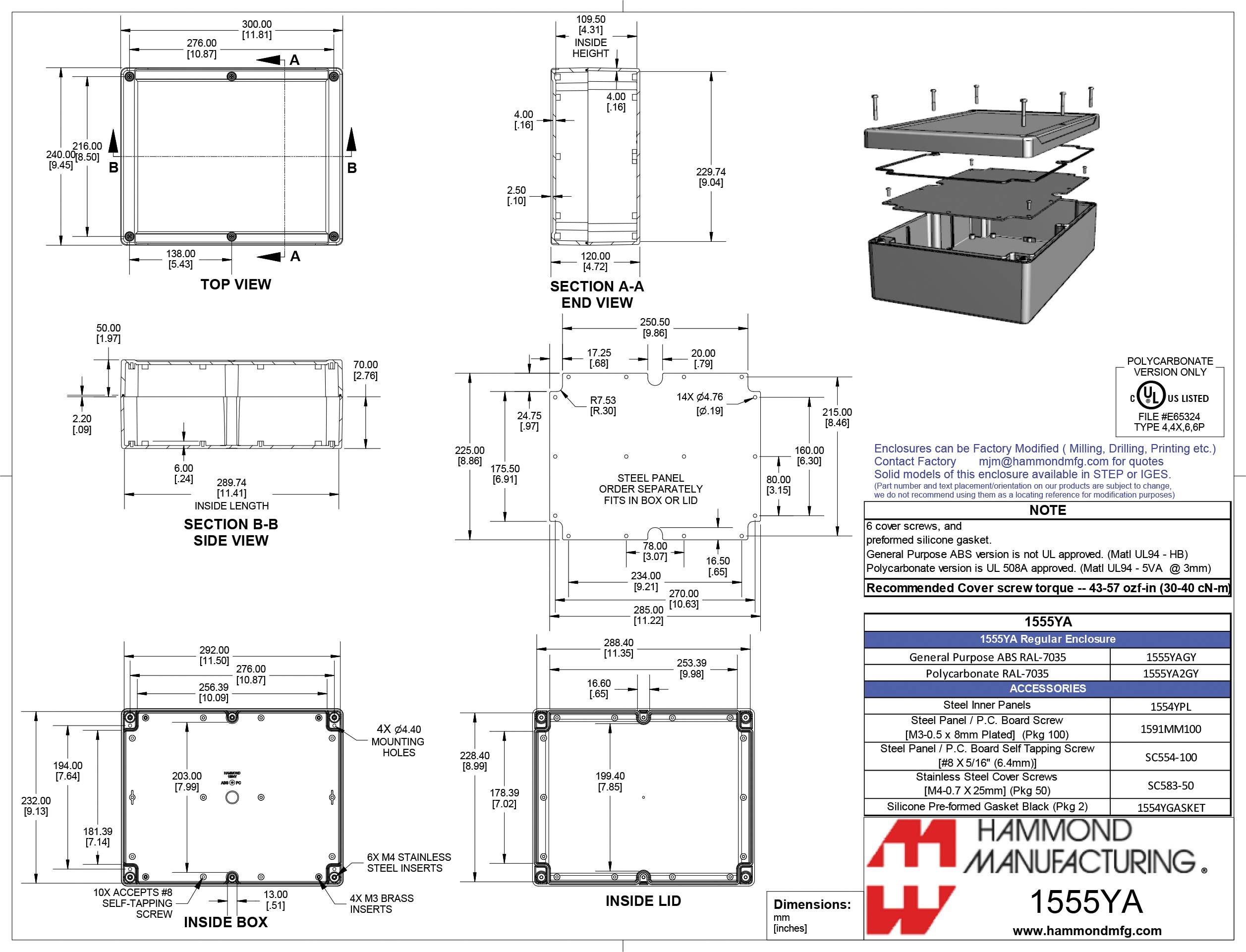 Plan de construction d'un boîtier rectangulaire avec vues de dessus, intérieure et en coupe. Comprend des indications de dimensions et des annotations.