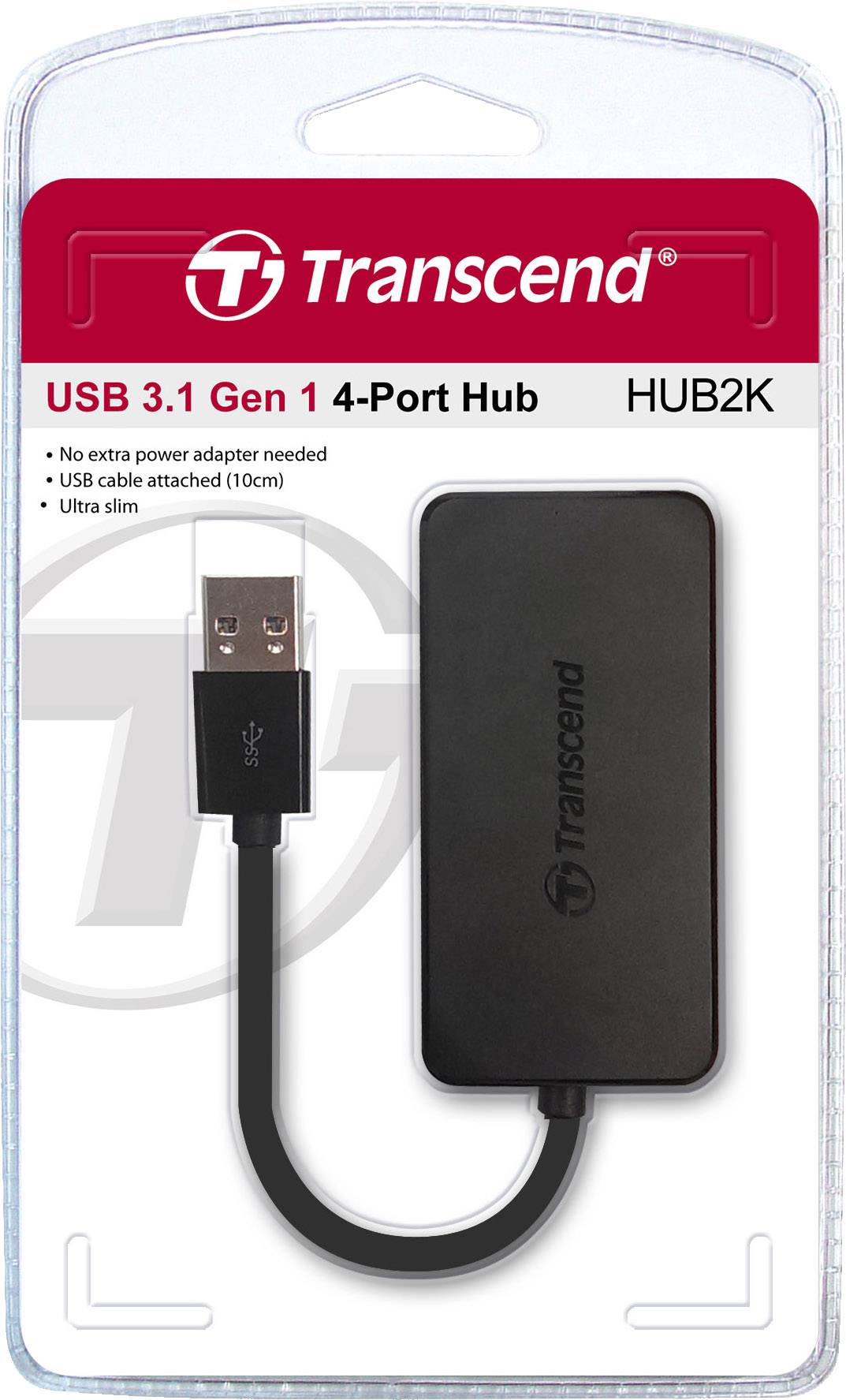 Hub USB dans un emballage portant l'inscription 'Transcend USB 3.1 Gen 1 Hub 4 ports'. Le produit se distingue par son design ultra-fin.