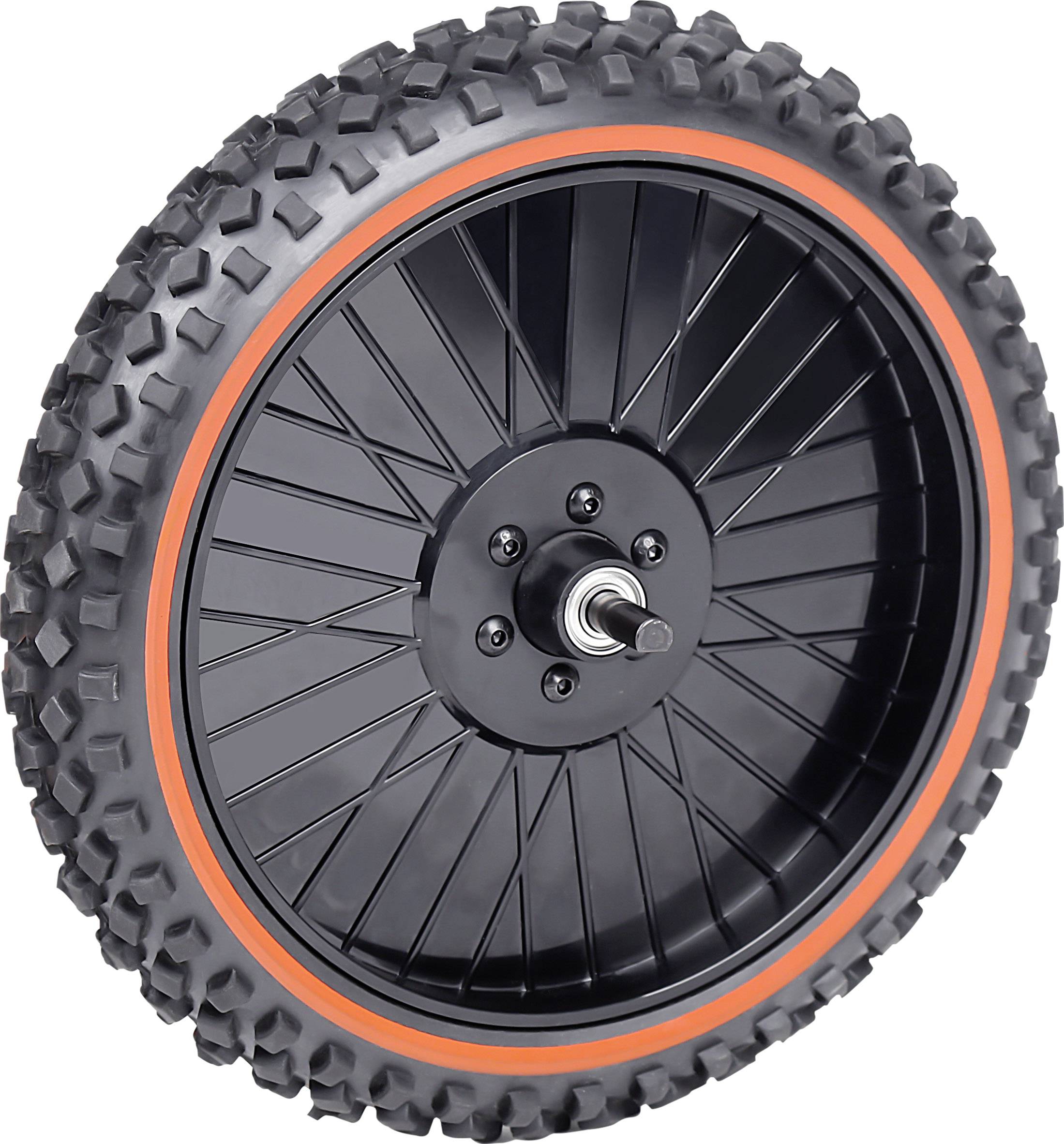 Roue noire avec bordure orange et profil structuré, adaptée aux véhicules tout-terrain.