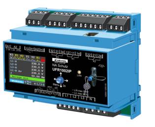 Un dispositif de protection électrique bleu avec plusieurs connexions et un petit écran affichant des valeurs de mesure actuelles.