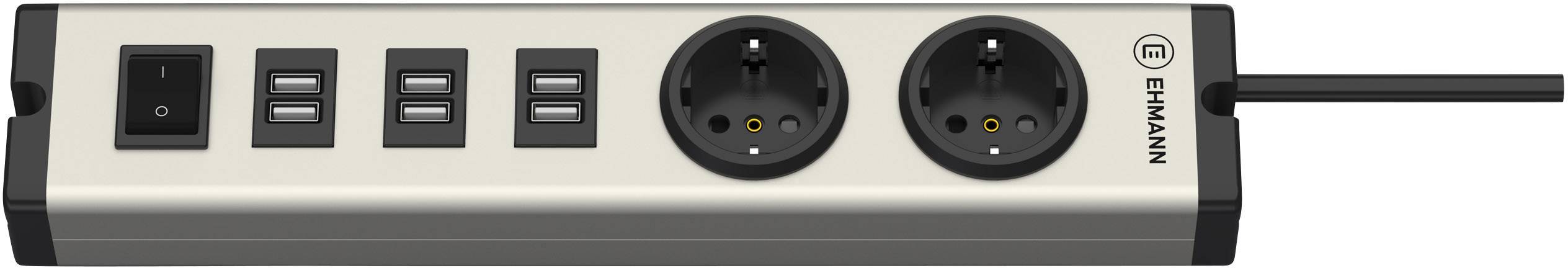 Ehmann Chargeur USB 6x USB-A, Prise de courant + contact de protection gris, noir intérieure