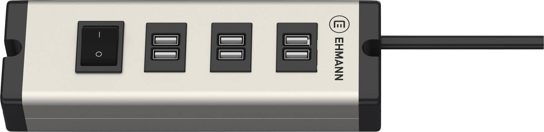 Barrette multiprises avec interrupteur et quatre ports USB, boîtier argenté, câble noir ; marque 'Ehmann' à droite à côté des ports.
