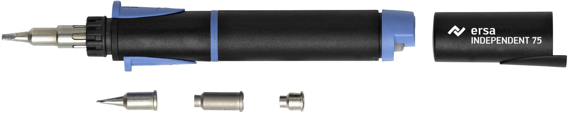 Un fer à souder démonté avec des pièces de boîtier noires, des poignées bleues et un embout amovible, à côté d'un capuchon fermé.