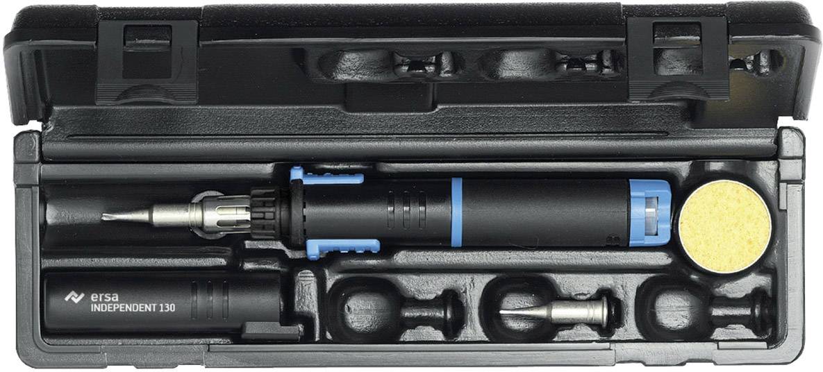 Un ensemble de fer à souder dans un coffret noir en plastique ouvert, comprenant différentes pointes et une éponge.