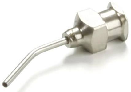 Valve métallique avec tuyau de sortie coudé. Utilisée pour réguler les liquides ou l'air, principalement dans des applications techniques.