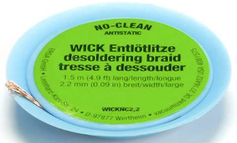 Emballage ronde d'une tresse à dessouder avec le texte : « TRESSE À DESSOUDER ANTISTATIQUE NO-CLEAN, longueur 1,5 m, largeur 2,2 mm ».