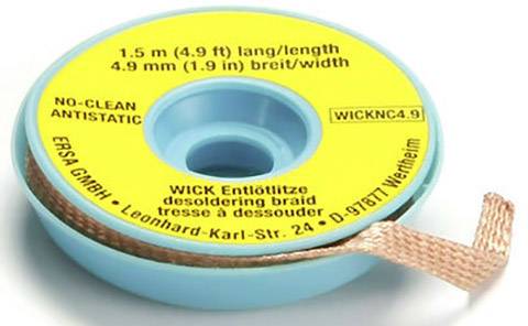 Un rouleau de tresse à dessouder sans plomb, longueur 1,5 m, largeur 4,9 mm, antistatique, produit par ERSA GmbH, Weitheim.