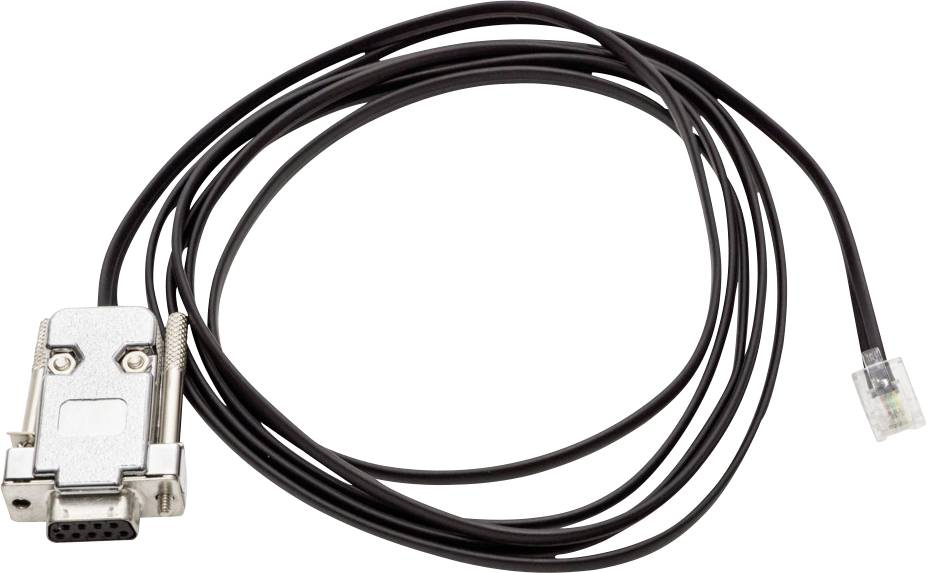 Un câble noir avec une fiche D-Sub 9 broches d'un côté et une fiche RJ45 de l'autre, adapté pour les connexions de données.