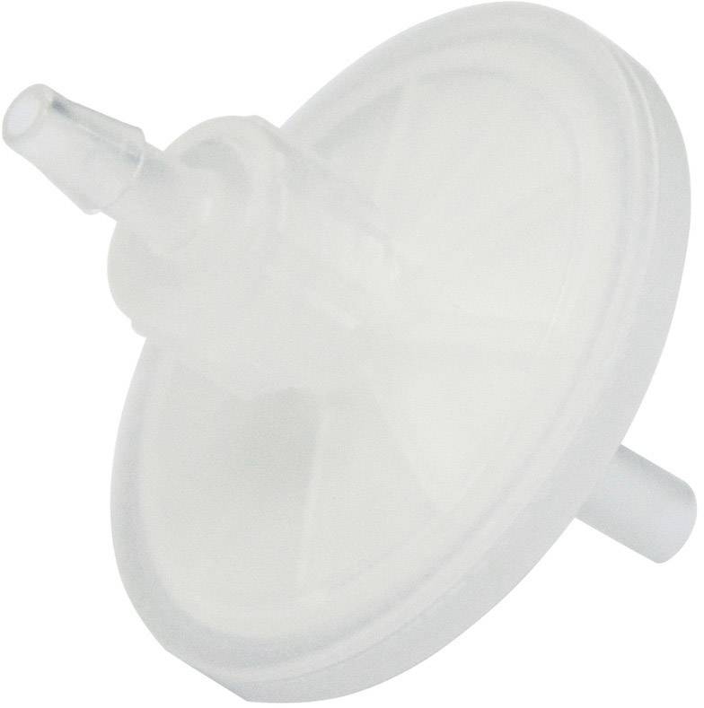 Un filtre rond, transparent, doté de deux courts tubes pour la connexion de tuyaux, probablement destiné aux liquides ou aux gaz.