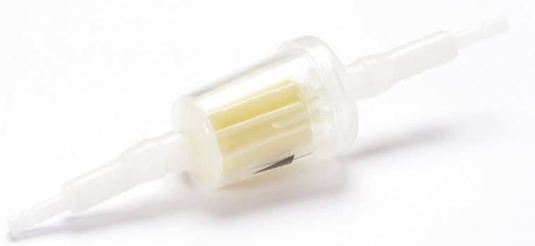 Filtre à carburant en plastique avec deux raccordements, utilisé dans les conduites de carburant pour filtrer les impuretés.