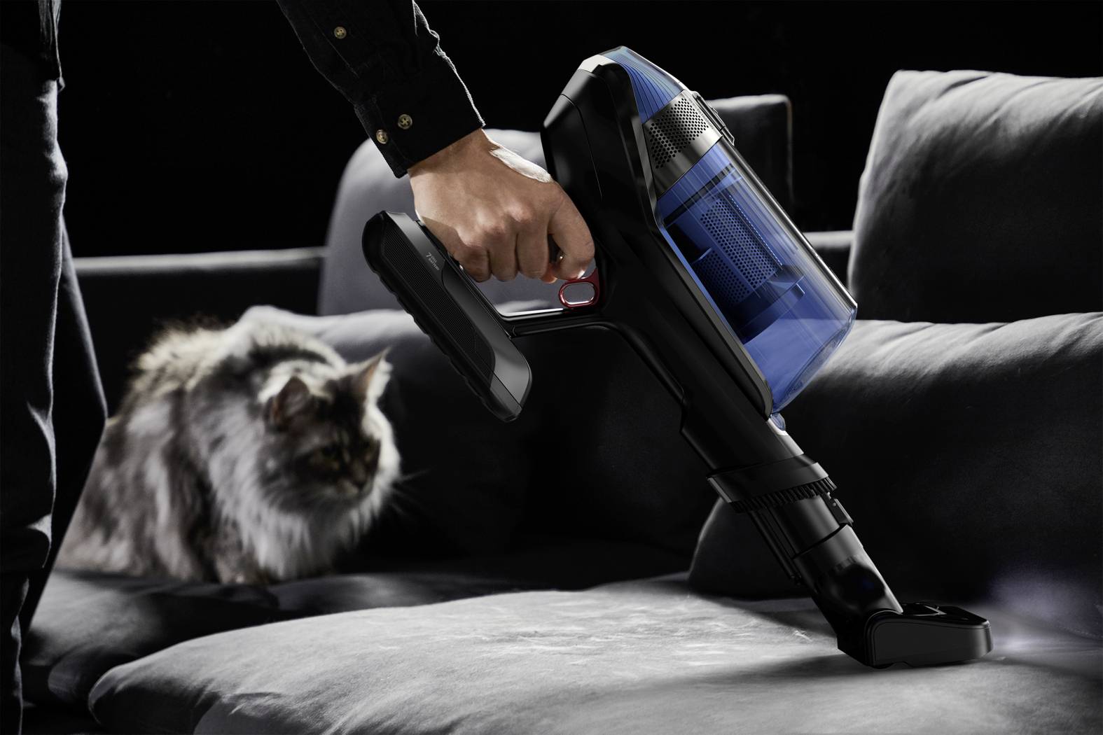 Une personne aspire des poils d'animal sur un canapé gris à l'aide d'un aspirateur à main, tandis qu'un chat regarde attentivement.