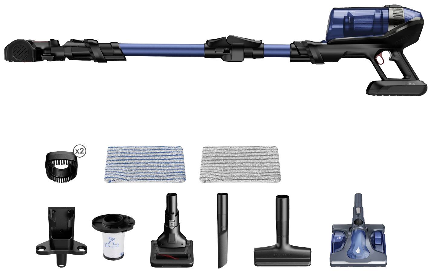 Aspirateur sans fil bleu avec plusieurs accessoires et pièces. Comprend une buse pour sol, des brosses et des filtres. Adapté pour un nettoyage polyvalent.