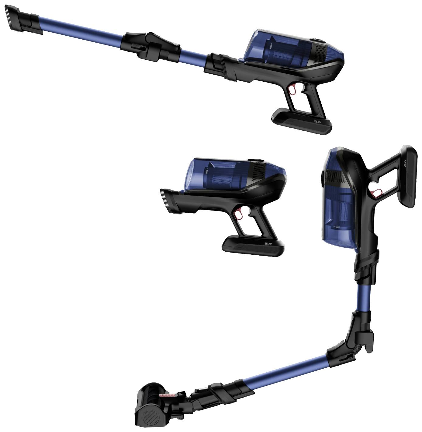 Aspirateur à main sans fil en trois positions : avec long tube, en mode appareil à main et replié. Couleurs principales : Bleu et Noir.