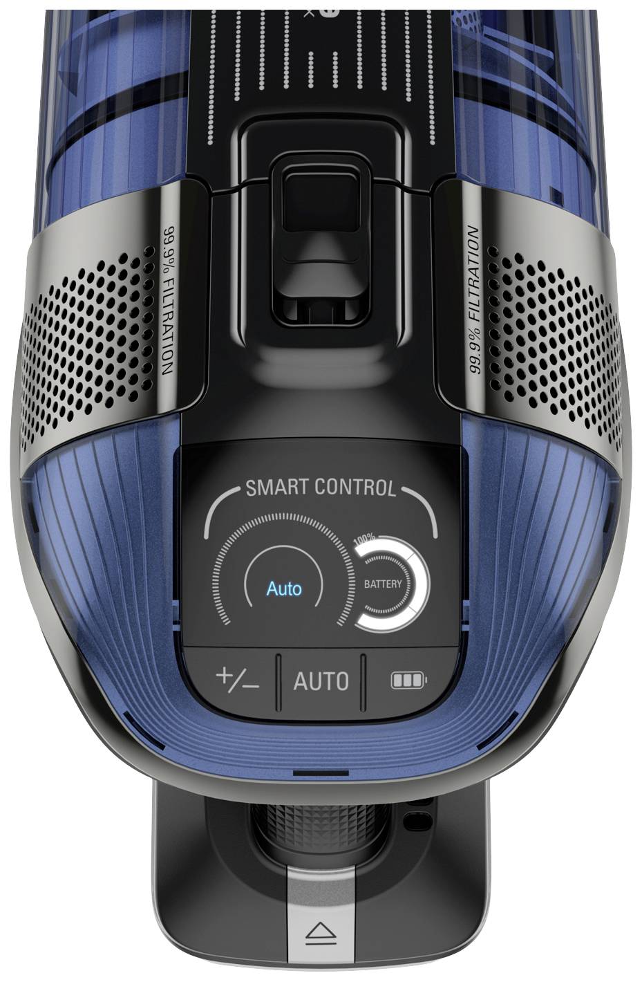 Affichage d'un aspirateur avec 'Contrôle intelligent', mode Automatique, indicateur de batterie et réglage de l'aspiration. Surface supérieure conçue en bleu et noir.