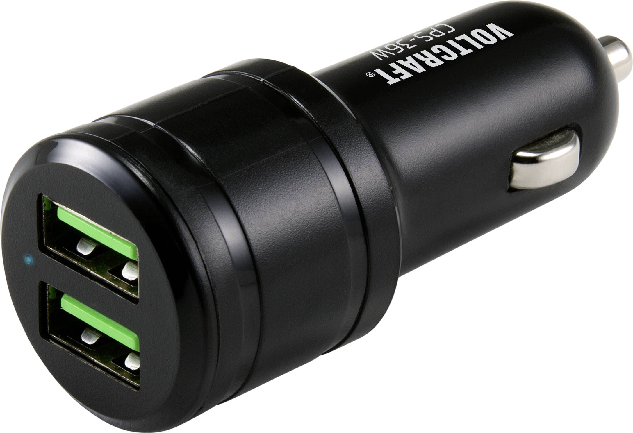 Chargeur de voiture USB noir avec deux ports USB verts, compact et adapté à l'allume-cigare de voiture.
