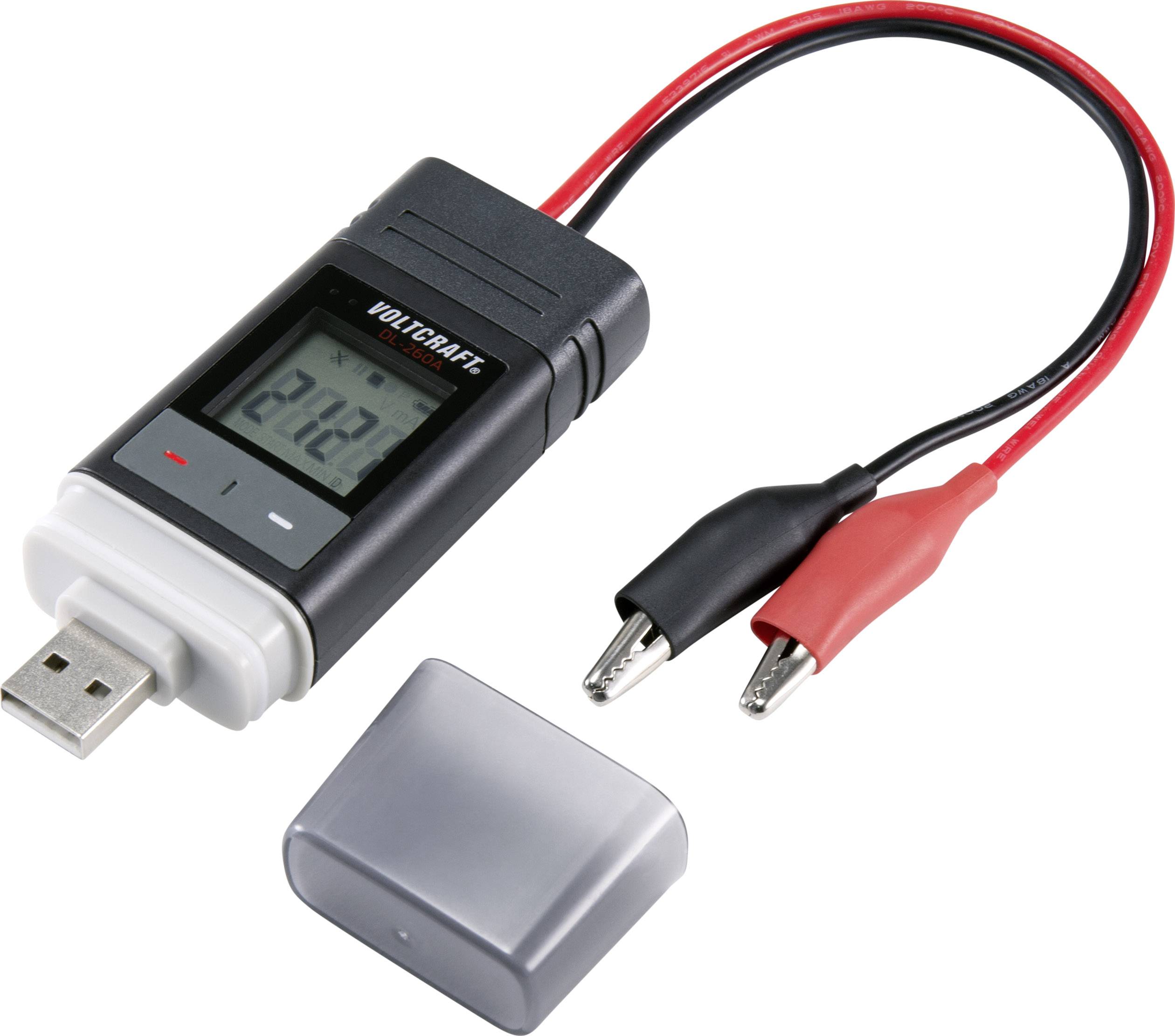 Appareil de mesure électronique USB avec écran de surveillance de tension et couvercle amovible ; pinces crocodiles rouge et noire.