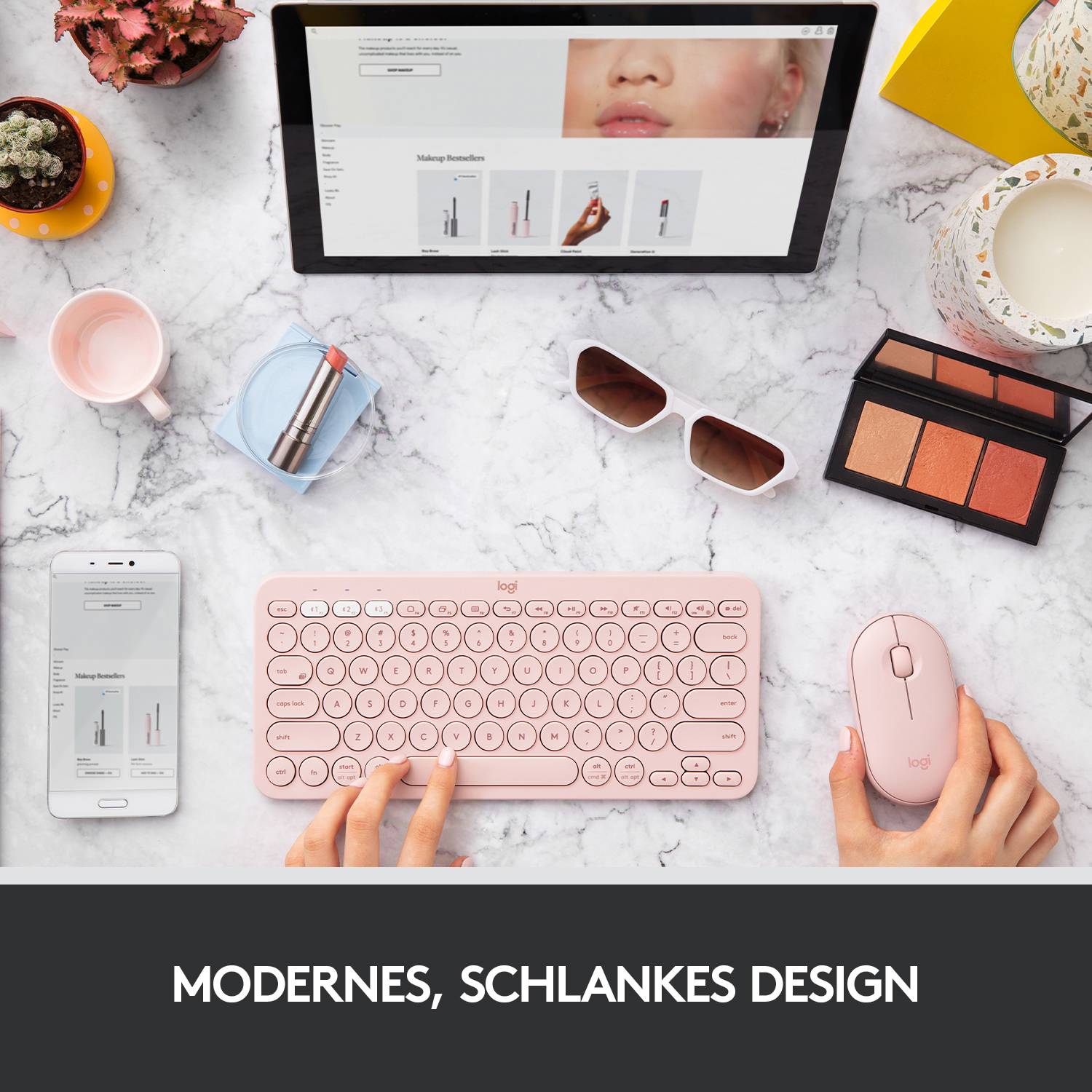 Logitech Pebble M350 Souris Bluetooth, radio optique rose 3 Boutons 1000 dpi Touches à frappe silencieuse