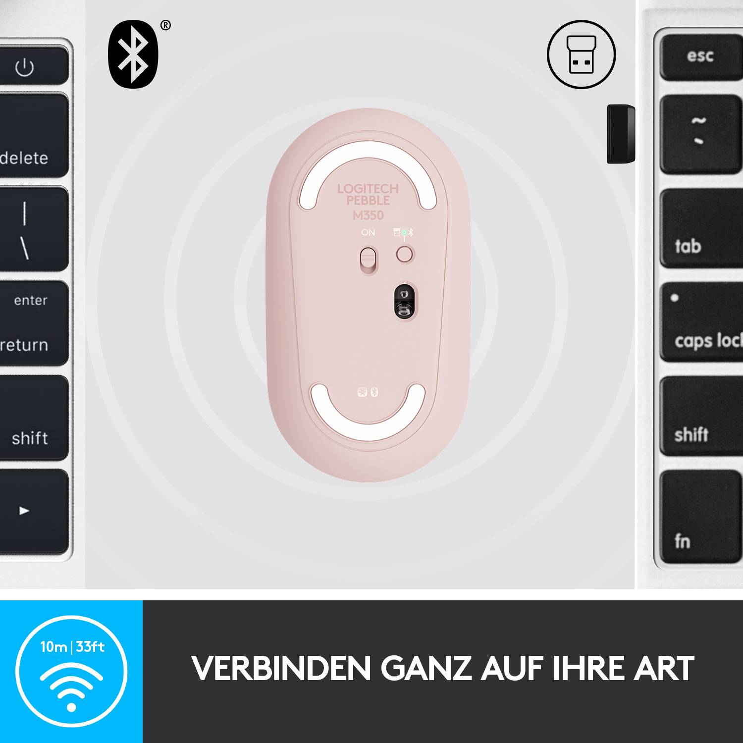 Logitech Pebble M350 Souris Bluetooth, radio optique rose 3 Boutons 1000 dpi Touches à frappe silencieuse