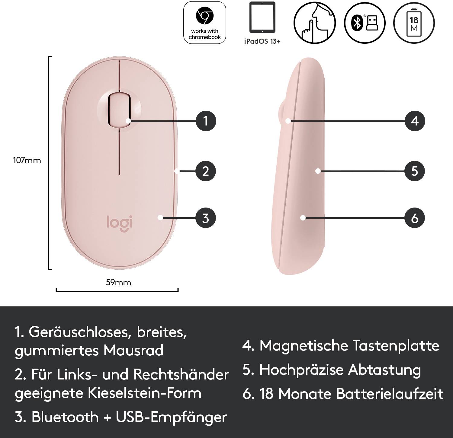 Logitech Pebble M350 Souris Bluetooth, radio optique rose 3 Boutons 1000 dpi Touches à frappe silencieuse
