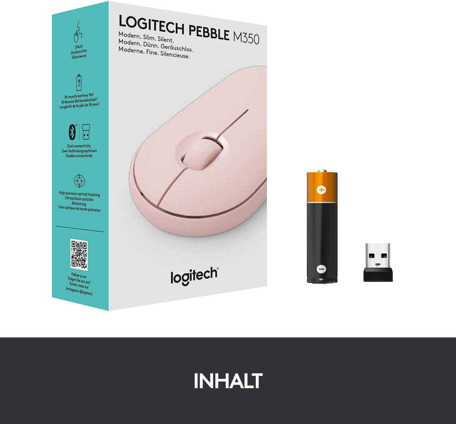 Logitech Pebble M350 Souris Bluetooth, radio optique rose 3 Boutons 1000 dpi Touches à frappe silencieuse