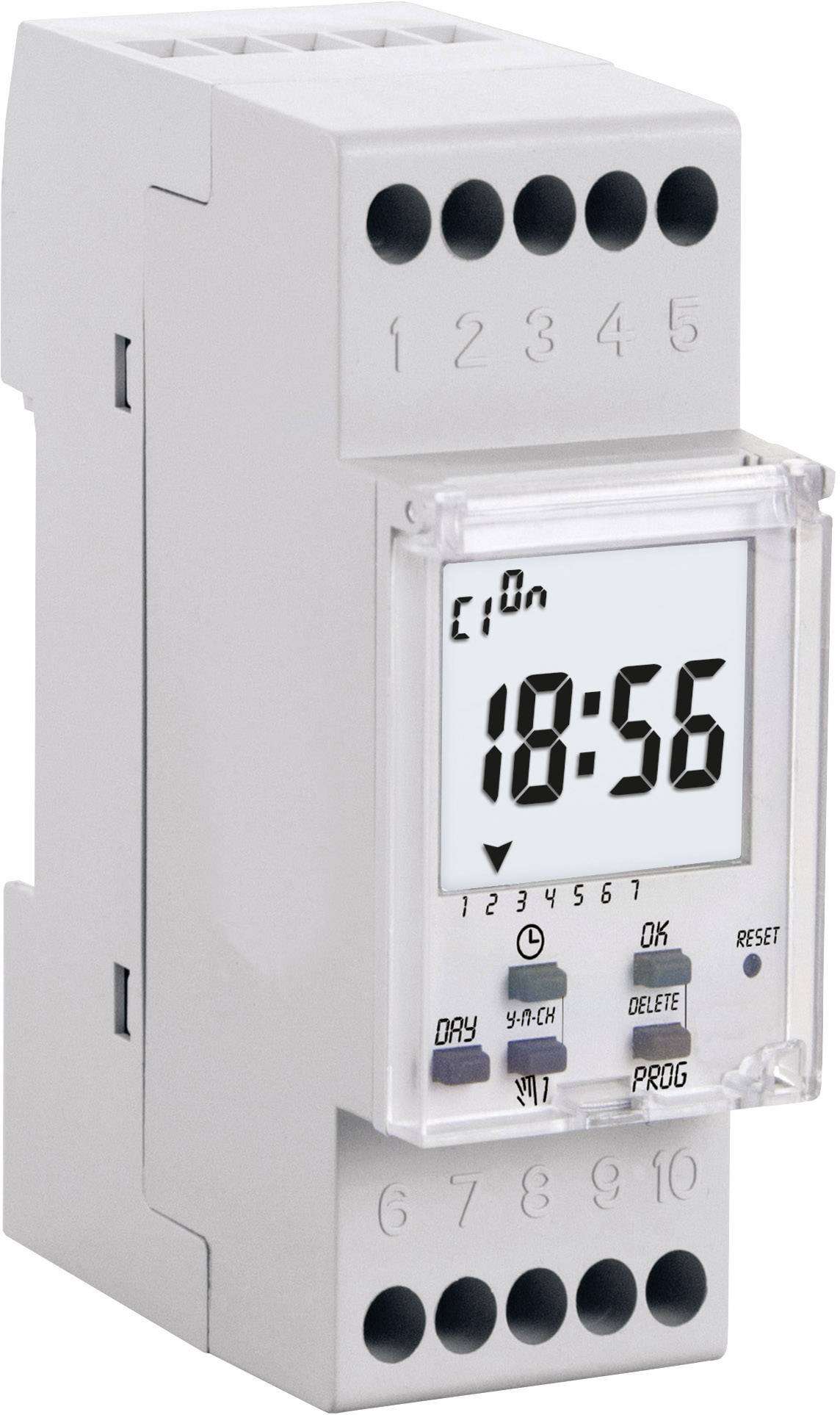 Horloge électronique à minuterie avec affichage numérique, indiquant '18:56'. Sept touches disponibles pour la programmation et le contrôle.
