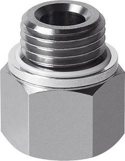 Un adaptateur fileté en métal argenté avec une base hexagonale et un raccordement arrondi et strié au sommet.