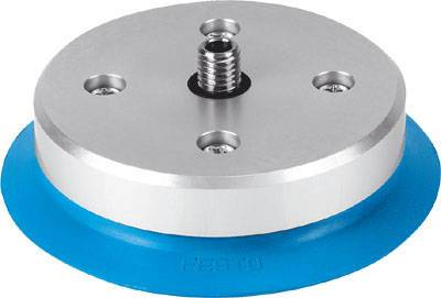 Ventouse bleue avec plaque métallique argentée et filetage à vis en haut, adaptée aux applications de montage et de levage.