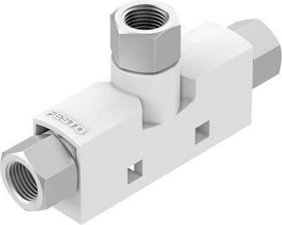 T-pièce pneumatique blanche à trois raccords et écrous hexagonaux. Le composant porte la mention 'FESTO'.