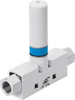 Une vanne pneumatique blanche avec un marquage bleu, deux raccordements et un cylindre argenté en haut. Utilisée pour contrôler les flux d'air.