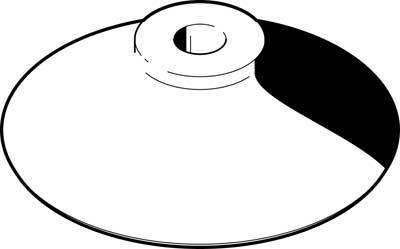 Un objet circulaire noir et blanc avec un moyeu central, partiellement à l'ombre, sur un fond blanc.