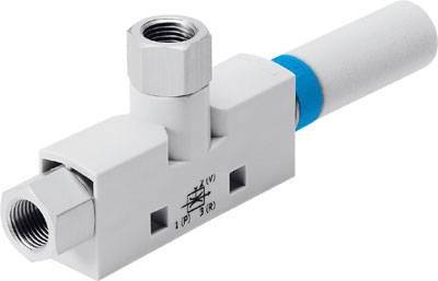 Une vanne hydraulique à trois raccords, avec deux raccordements hexagonaux et un anneau bleu, représentée sur un fond blanc.