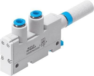 Générateur de vide industriel avec deux raccords bleus et un filtre cylindrique. Adapté aux applications pneumatiques.