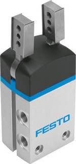Pince pneumatique de Festo à deux mâchoires métalliques et une bande bleue sur le dessus, pour usage industriel.