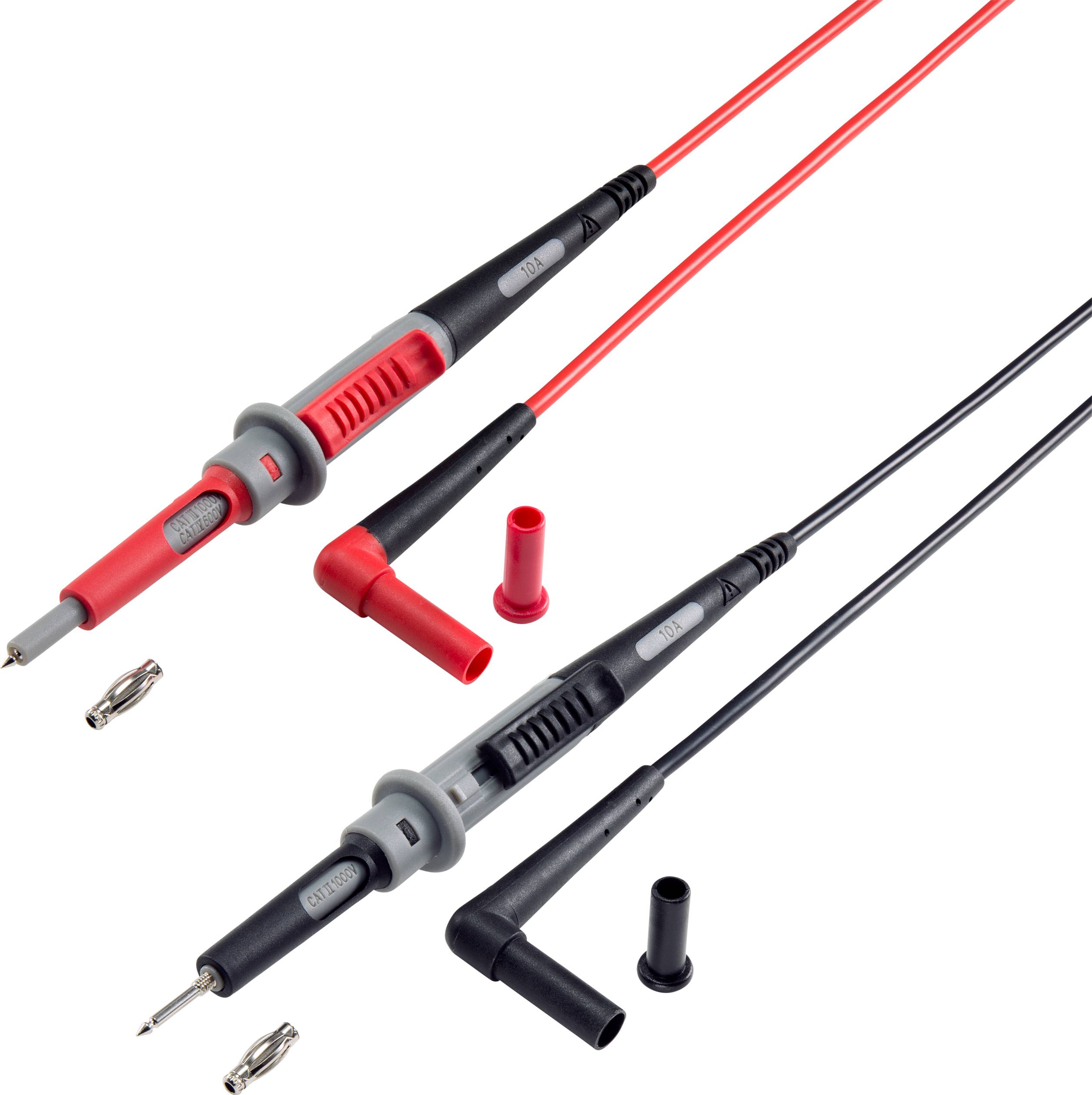 Deux pointes de test avec des câbles rouges et noirs et leurs capuchons correspondants, utilisées pour les mesures et les tests électriques.