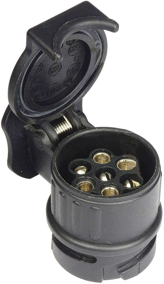 Prise d'attelage à sept broches avec couvercle amovible, utilisée pour la connexion électrique entre le véhicule et la remorque.